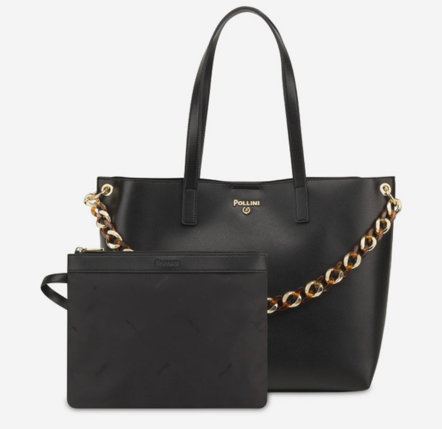 Borsa a spalla in pelle nera con catena in metallo “Pollini”
