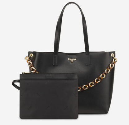 Borsa a spalla in pelle nera con catena in metallo “Pollini”