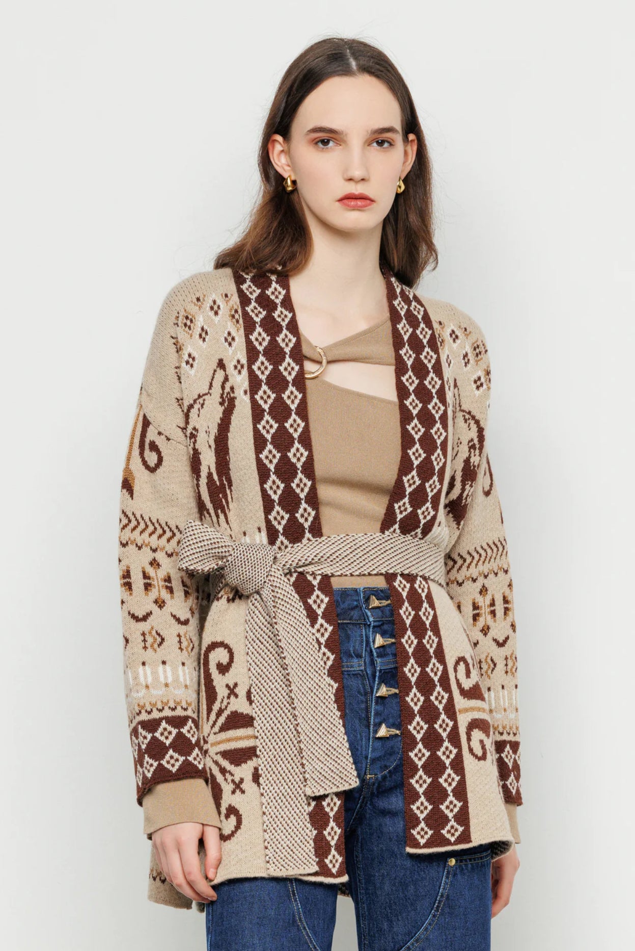 Cardigan in jacquard con cintura “Akep”