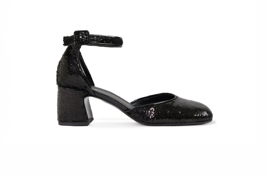Décolleté in paillettes nera con cinturino alla caviglia “Chantal”