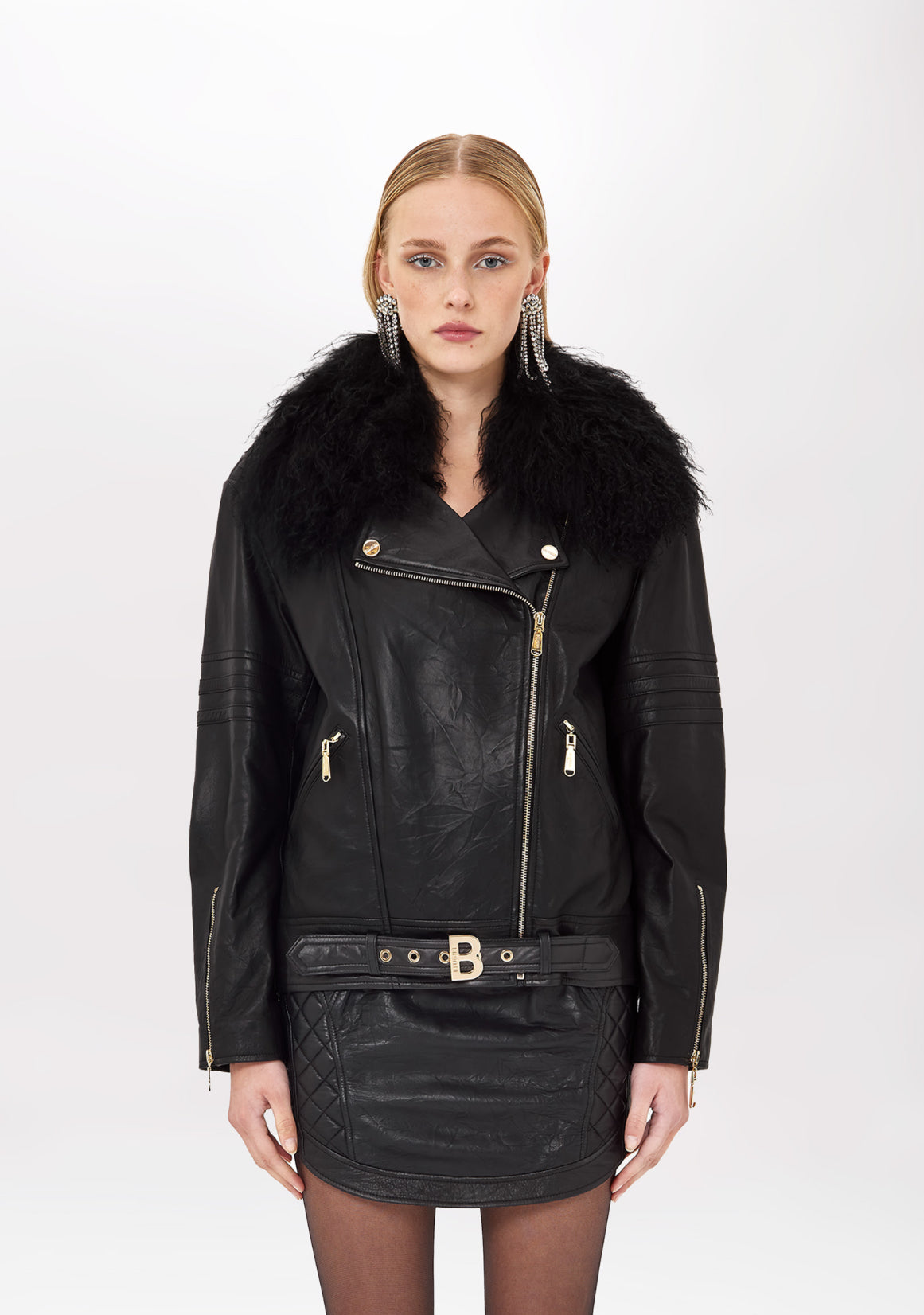 Giacca a chiodo in pelle con faux fur