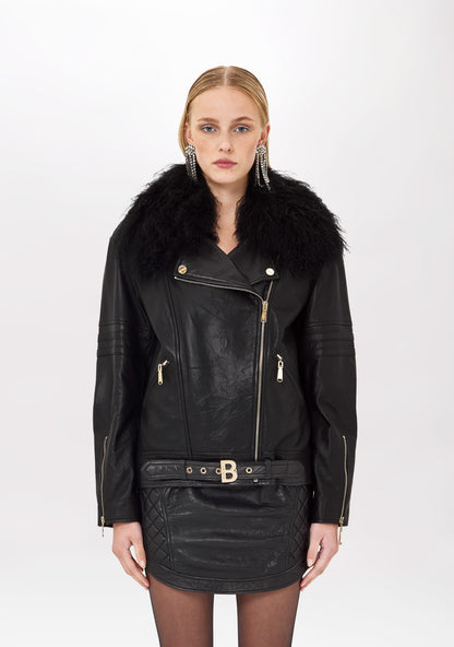 Giacca a chiodo in pelle con faux fur