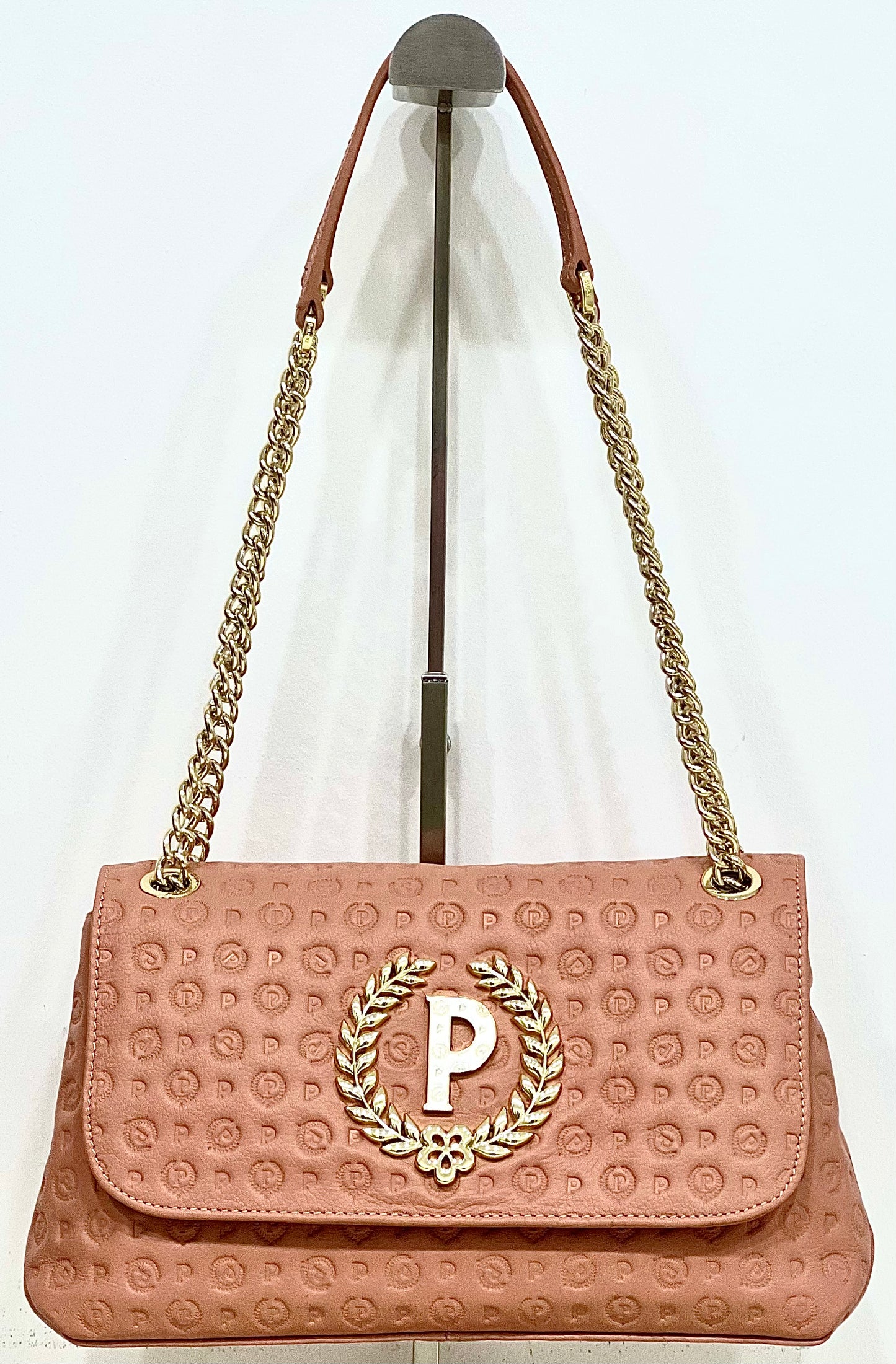 Borsa a spalla in vitello heritage logo embossed nude “Pollini”