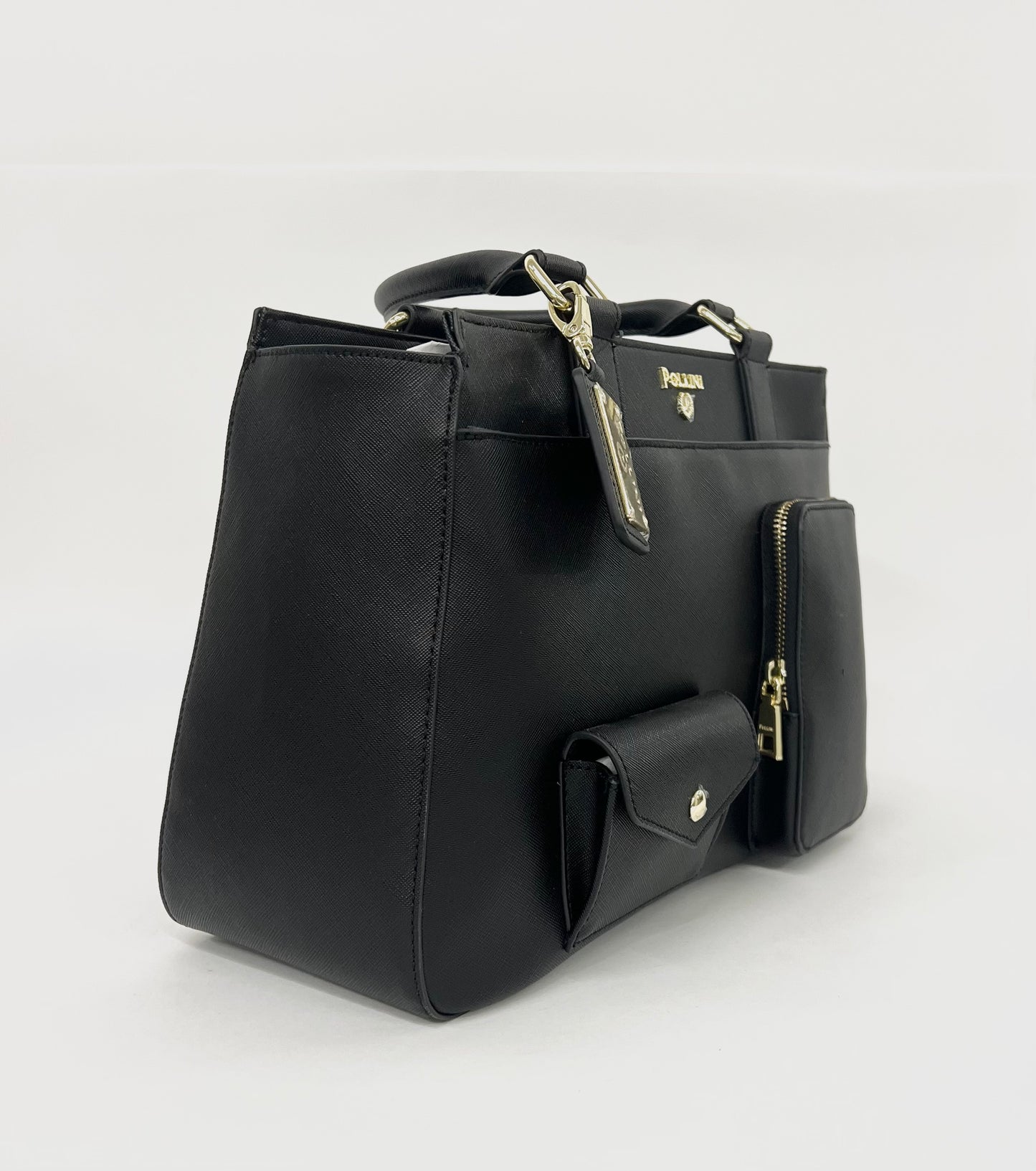 Borsa a mano in pelle nera e tasche esterne “Pollini”