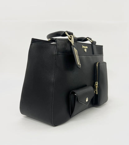 Borsa a mano in pelle nera e tasche esterne “Pollini”