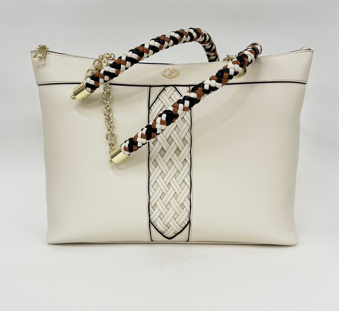 Borsa a spalla in pelle panna con manico in pelle intrecciata “Pollini”