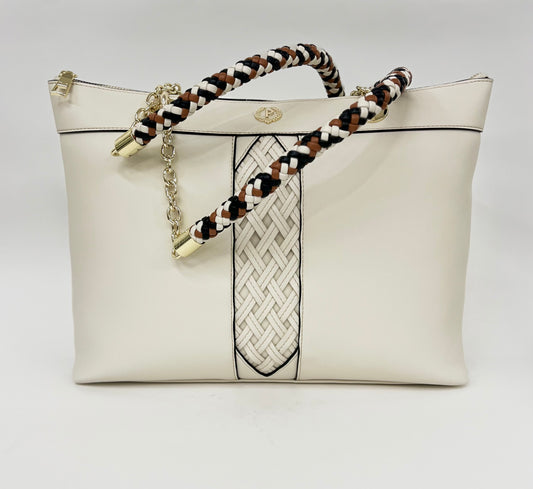 Borsa a spalla in pelle panna con manico in pelle intrecciata “Pollini”