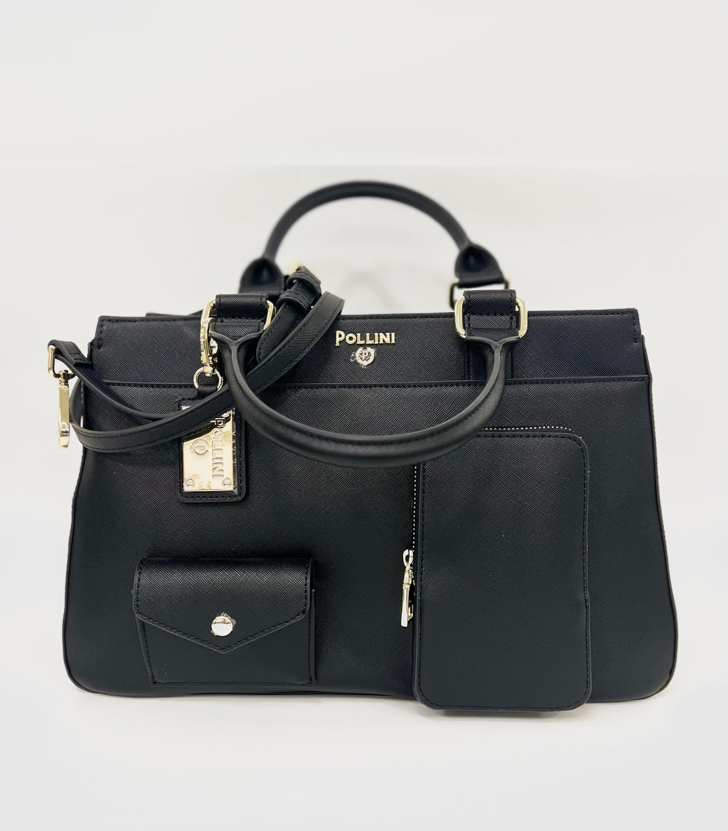 Borsa a mano in pelle nera e tasche esterne “Pollini”