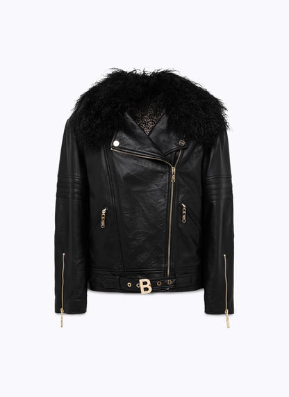 Giacca a chiodo in pelle con faux fur