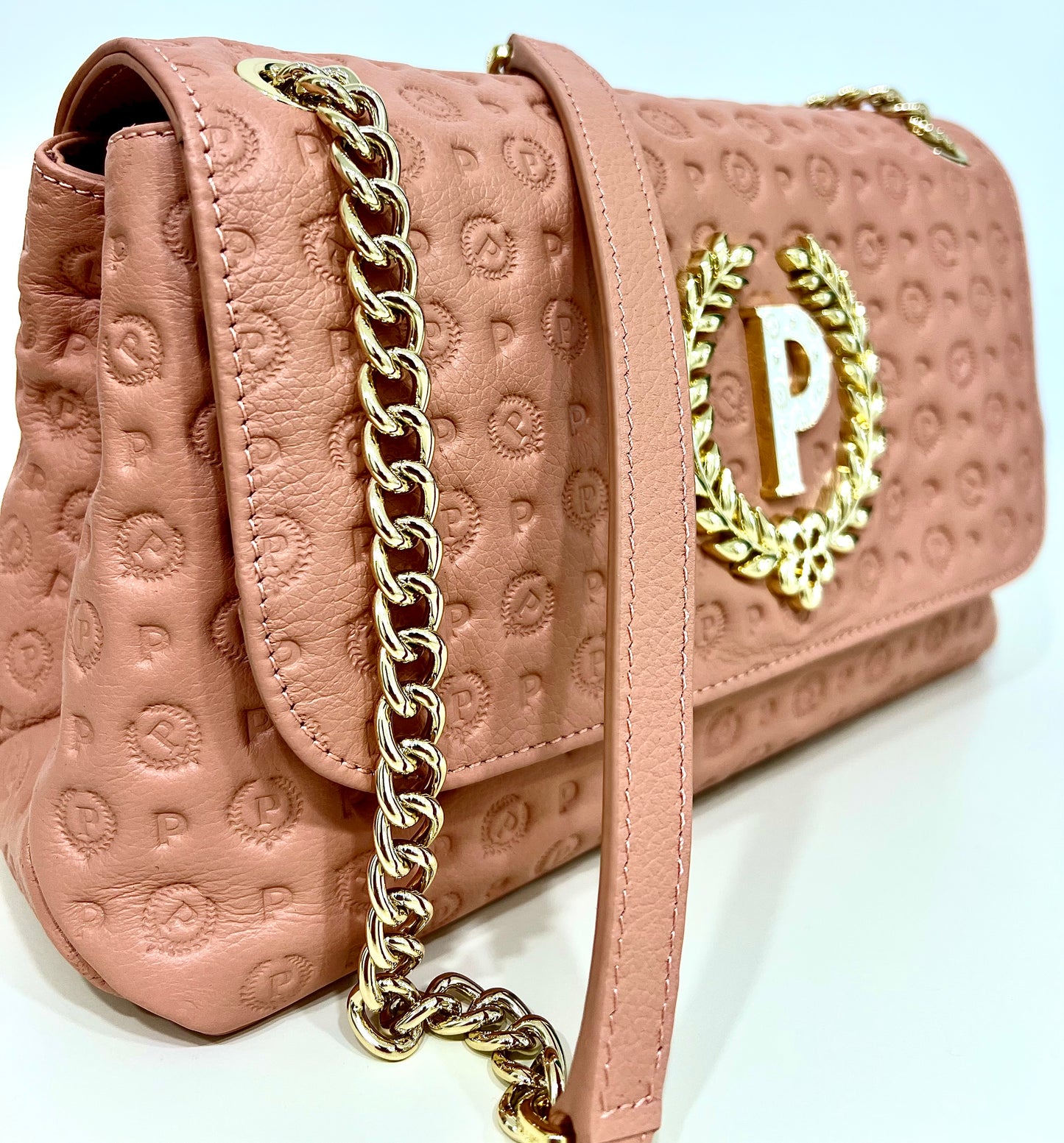 Borsa a spalla in vitello heritage logo embossed nude “Pollini”