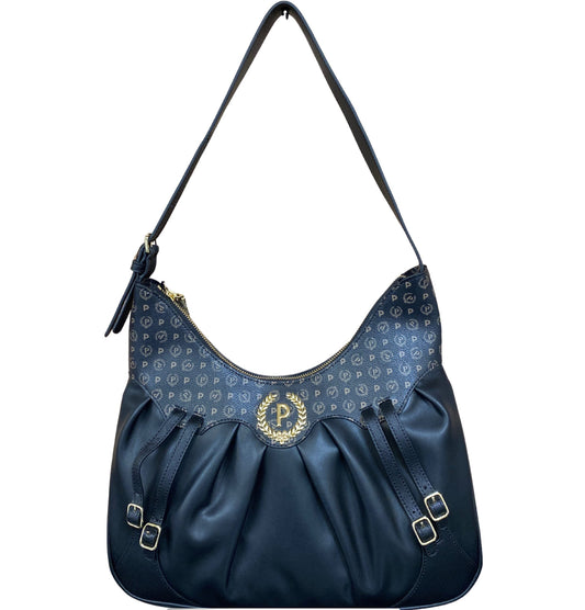 Borsa a spalla in pelle nera con logo “Pollini”