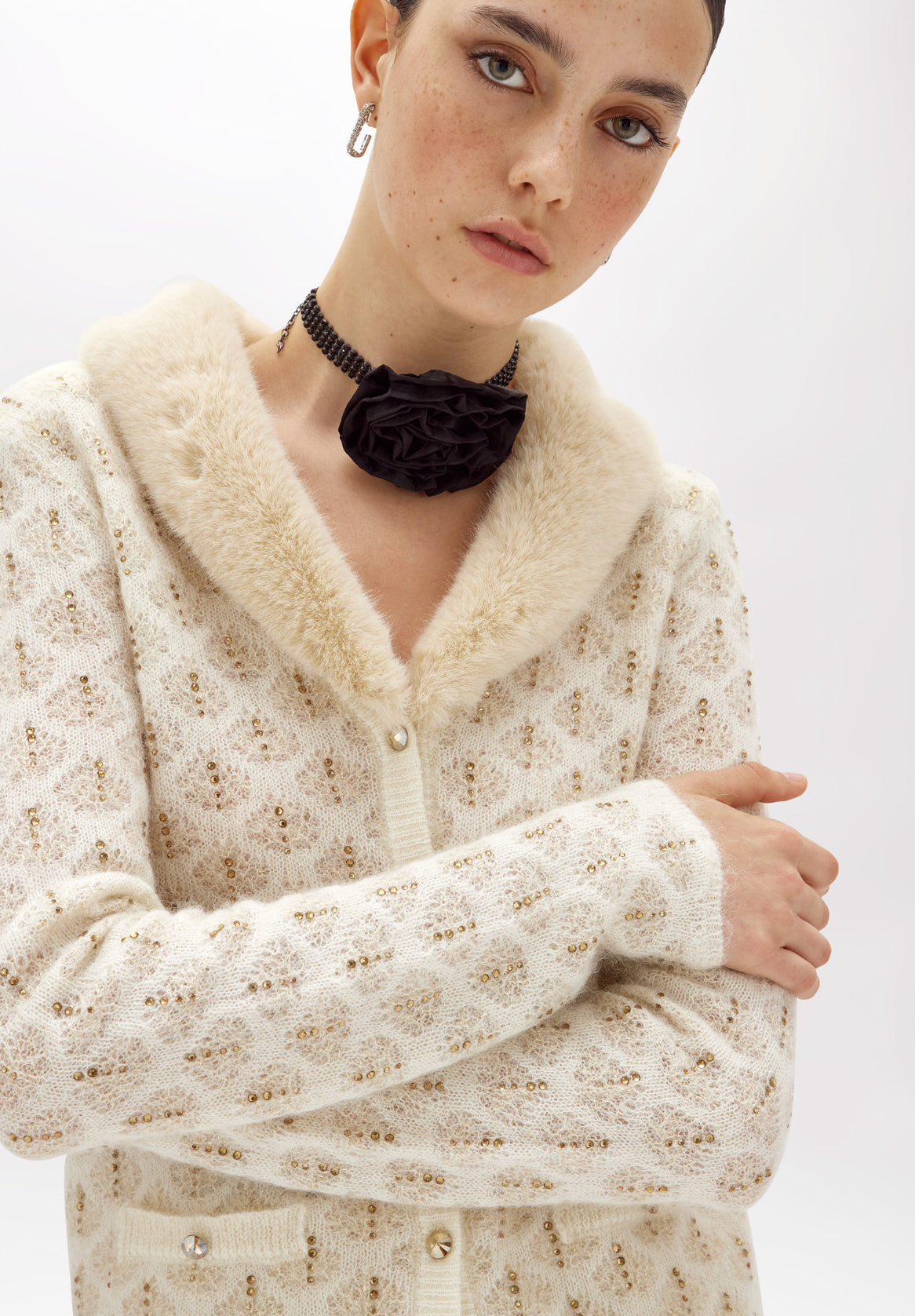 Cardigan con strass e collo in faux fur “Blugirl”