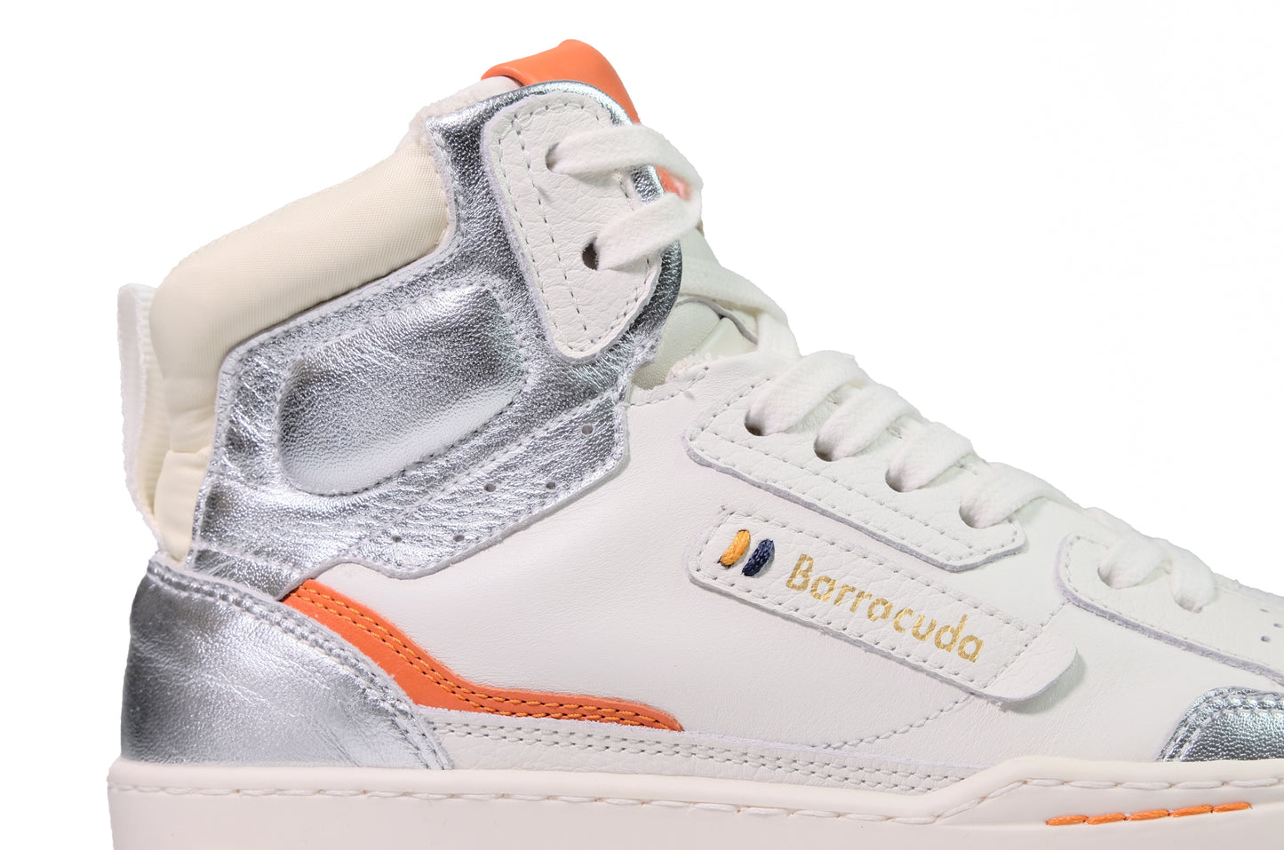Sneakers alta in pelle bianca argento e arancio “Barracuda”