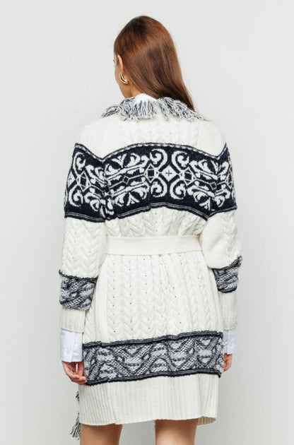Cardigan in jacquard con lavorazione a trecce e cintura “Akep”
