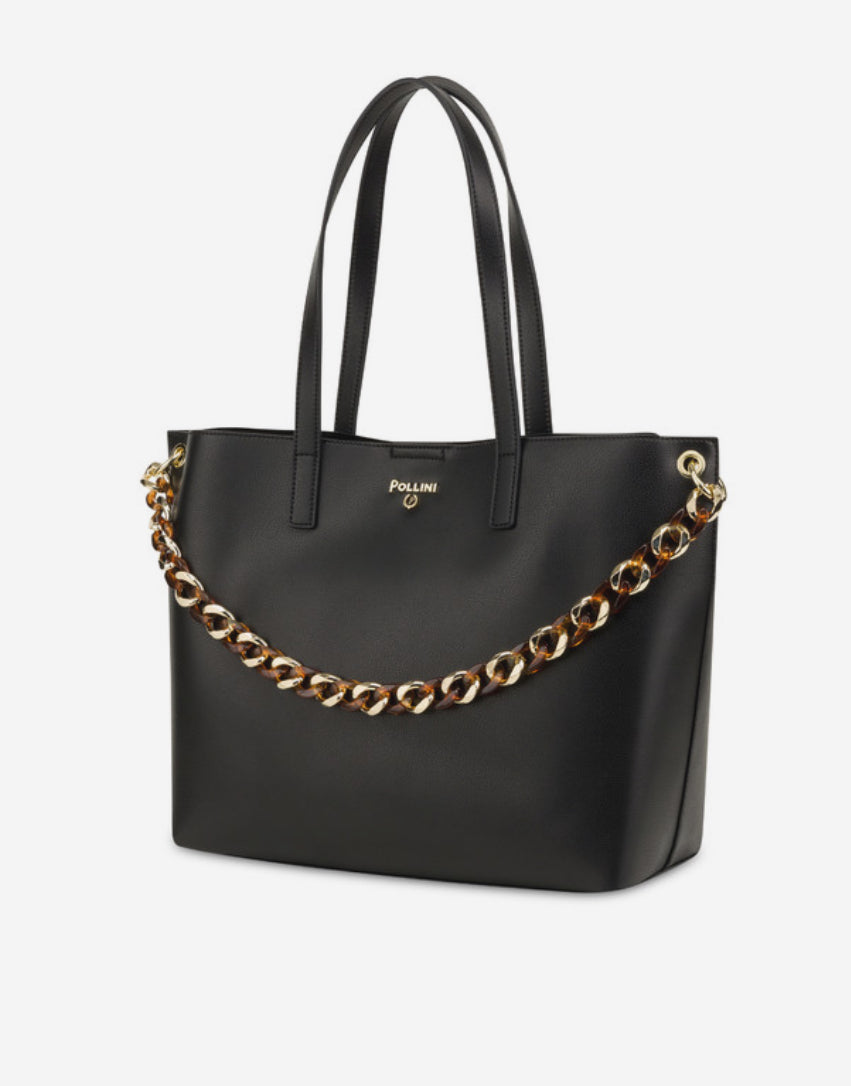 Borsa a spalla in pelle nera con catena in metallo “Pollini”