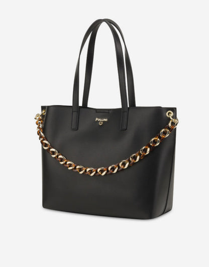 Borsa a spalla in pelle nera con catena in metallo “Pollini”