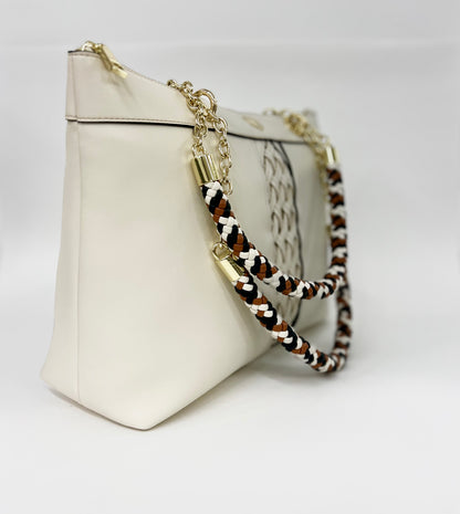 Borsa a spalla in pelle panna con manico in pelle intrecciata “Pollini”