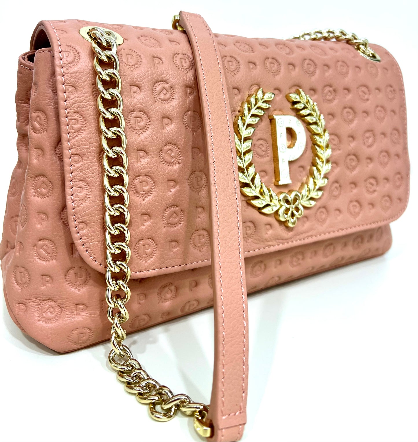 Borsa a spalla in vitello heritage logo embossed nude “Pollini”