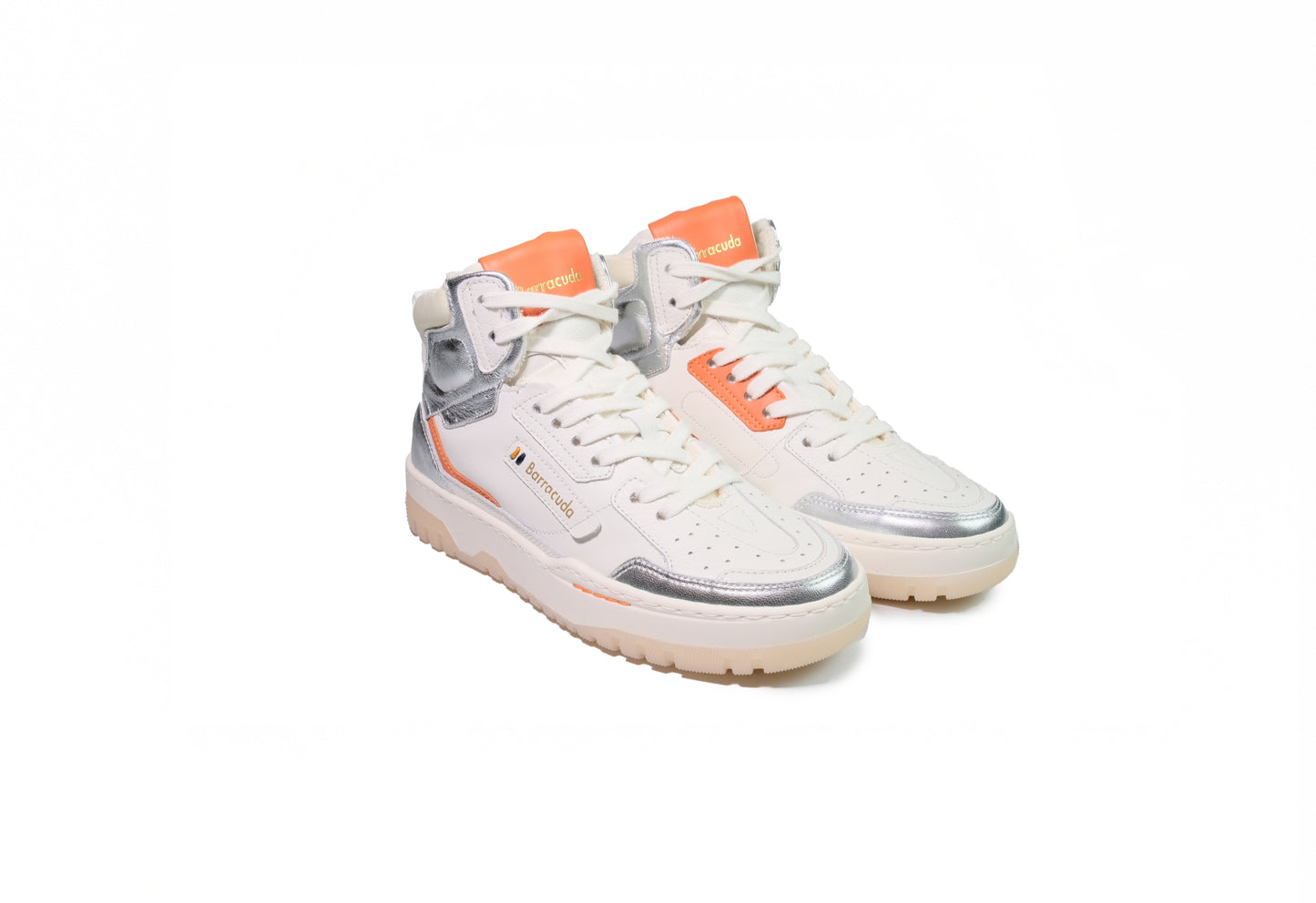 Sneakers alta in pelle bianca argento e arancio “Barracuda”