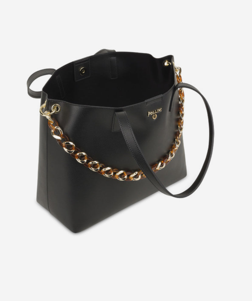 Borsa a spalla in pelle nera con catena in metallo “Pollini”