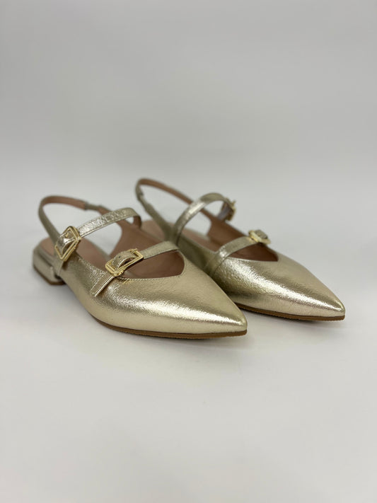 Scarpa bassa aperta dietro laminata platino “Lorenzo Mari”