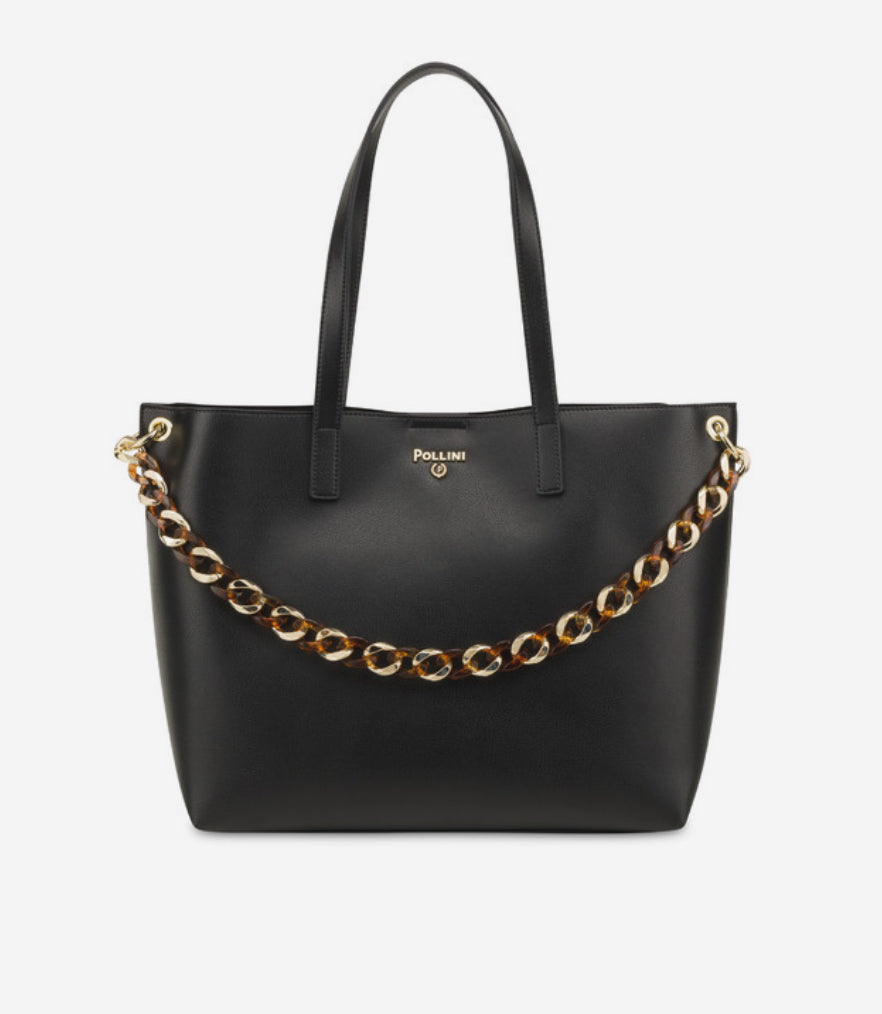 Borsa a spalla in pelle nera con catena in metallo “Pollini”
