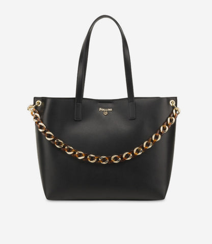 Borsa a spalla in pelle nera con catena in metallo “Pollini”