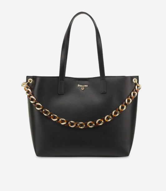 Borsa a spalla in pelle nera con catena in metallo “Pollini”