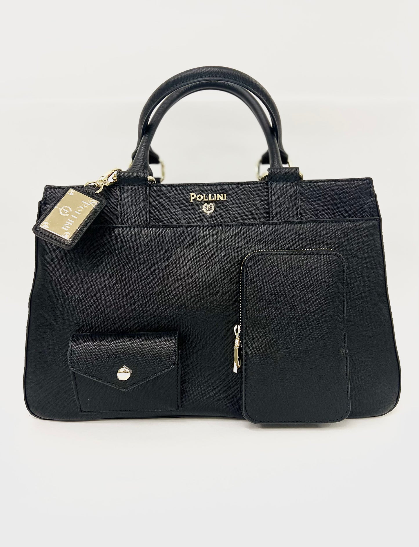 Borsa a mano in pelle nera e tasche esterne “Pollini”