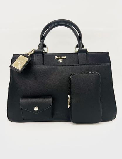 Borsa a mano in pelle nera e tasche esterne “Pollini”