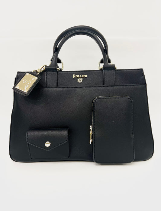 Borsa a mano in pelle nera e tasche esterne “Pollini”