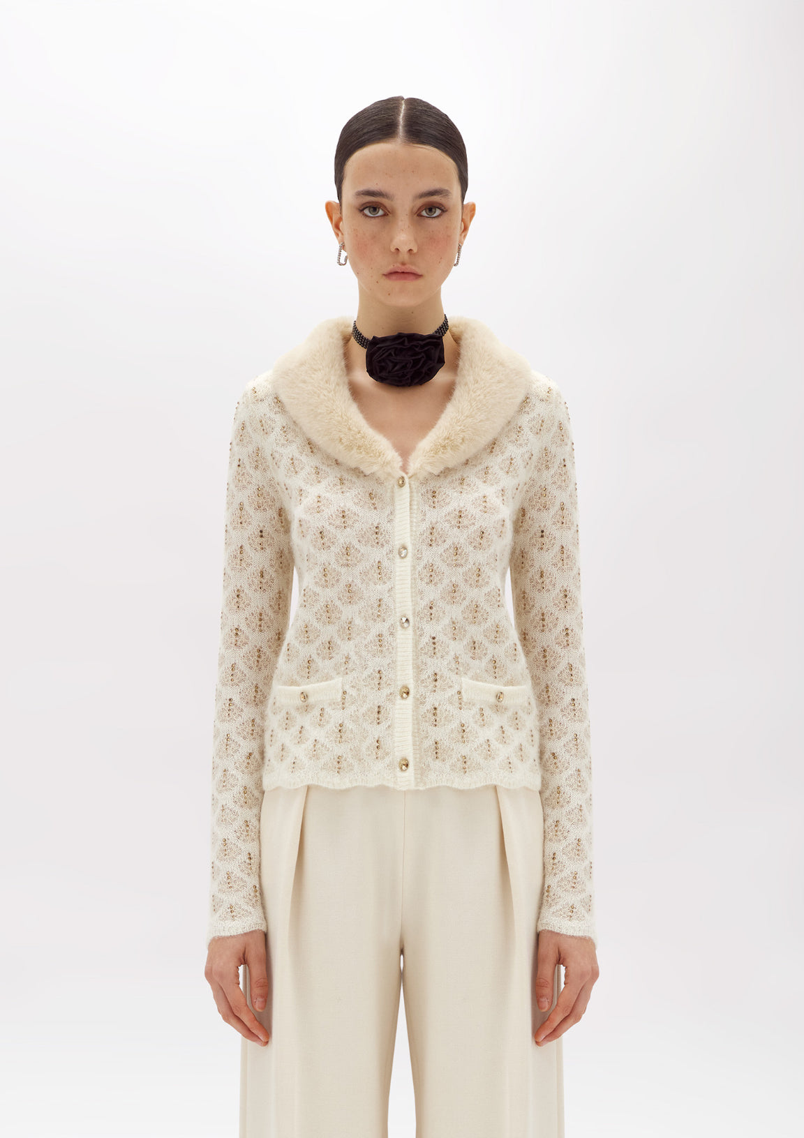 Cardigan con strass e collo in faux fur “Blugirl”